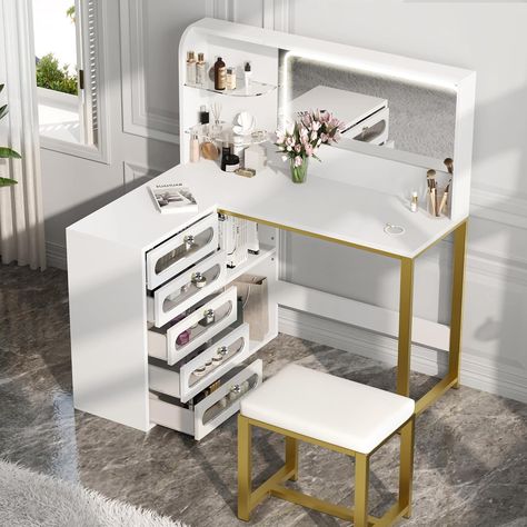 Beautiful white and gold vanity, a perfect space to get ready with lots of storage for makeup and skin care products. L Shaped Vanity, Modern Chinese Design, Corner Makeup Vanity, White Vanity Set, White Vanity Desk, Corner Vanity, Mirror Jewelry, Mirrored Vanity Desk, Dresser Desk