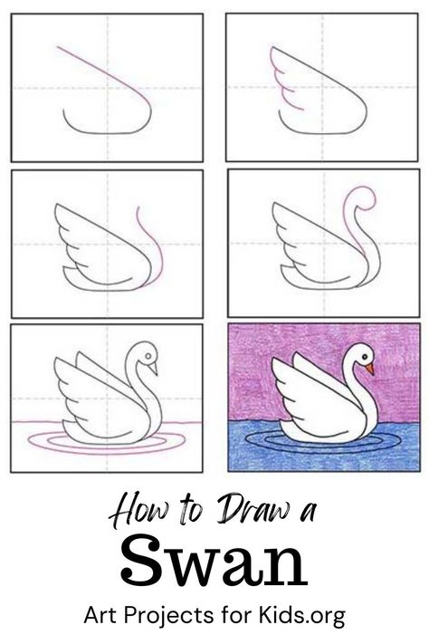 Draw A Swan, Trin For Trin Tegning, Swan Drawing, Swans Art, Drawing Lessons For Kids, Easy Drawings For Kids, Basic Drawing, Drawings For Kids, Simple Cartoon