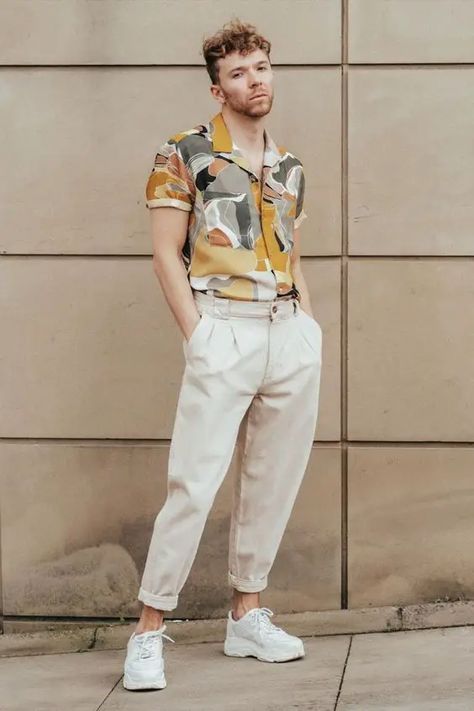 Dress to Impress: Top 18 Men’s Holiday Outfit Ideas for a Stylish Summer 2024 | Men's Fashion Holiday Wear Men, Colourful Shirt Men, Men Colourful Outfit, Creative Men Outfits, Fun Mens Outfits, Colourful Mens Outfits, Art Gallery Outfit Men, Mens Trendy Outfits Summer, Floral Shirt Men Outfit