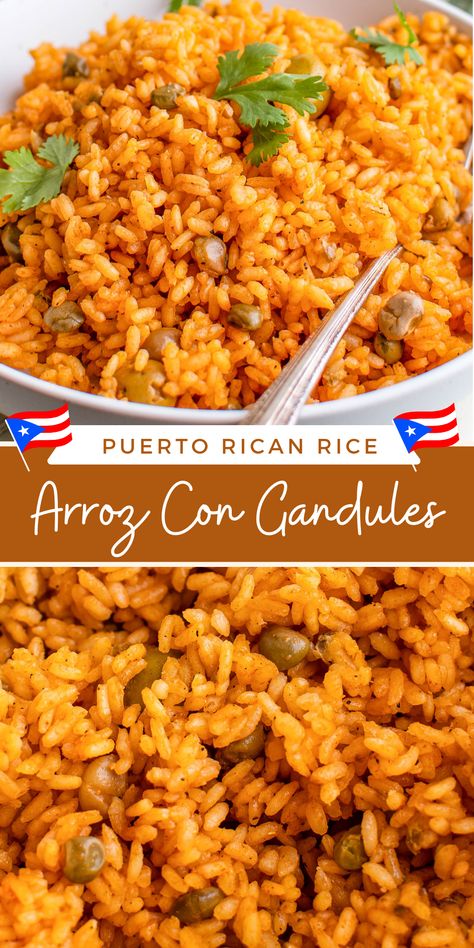 This Arroz con Gandules -- also known as Puerto Rican Rice with Pigeon Peas -- is a flavorful Puerto Rican rice dish made with gandules (pigeon peas), green olives and sofrito. Learn all my tricks on how to get perfect rice every time! #ArrozConGandules #PuertoRicanRice #PuertoRicanRecipes #Rice #PuertoRicanDishes How To Make Puerto Rican Rice, Rice And Gondolas Recipe, Arroz Con Gandules Rice Cooker, Arroz Con Gandules Puerto Rican, Puerto Rican Recipes Rice, Arroz Con Gandules Recipe, Rice With Pigeon Peas, Puerto Rican Rice, Children Food