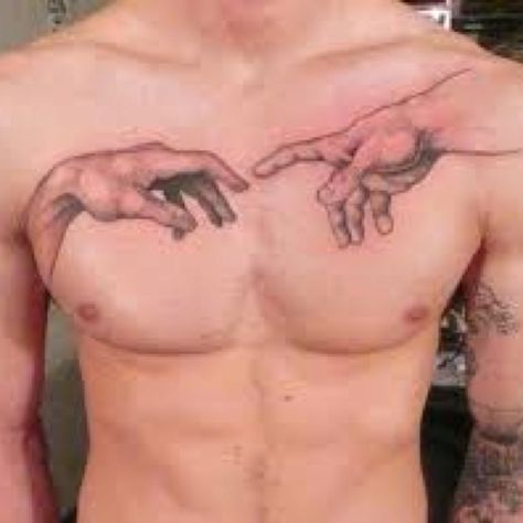 Amazing tattoo!!! God's Touch Tattoo, Creation Of Adam Chest Tattoo, God Touching Man Tattoo, Adam Touching Gods Hand Tattoo, Tattoo Of God, Two Fingers Touching Tattoo, Michaelangelo Hands Tattoo, Touch Of God Tattoo, Michaelangelo Tattoos