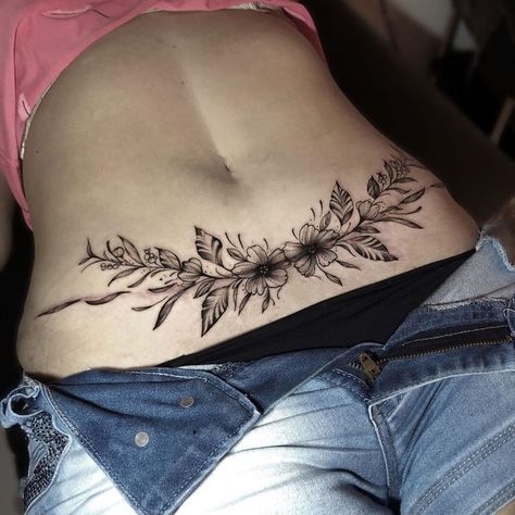 Waist Scar Tattoo, Tattoo To Cover C Section Scar, Belly Tattoo Designs For Women, Abs Tattoos Women, Lower Ab Tattoo Women, Tummy Tattoos For Women Lower Stomach, Cute Belly Tattoos, Lower Abdomen Tattoo Women, Tummy Tucks Tattoo Cover Up