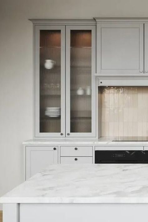 Ribbed Glass Kitchen Cabinets, Kitchen Cabinets With Glass Uppers, Ribbed Glass Cabinet Kitchen, Adding Glass To Kitchen Cabinets, Reed Glass Kitchen Cabinets, Textured Glass Kitchen Cabinets, Reeded Glass Cabinets, Kitchens With Glass Cabinet Doors, Small Kitchen Cupboards Design