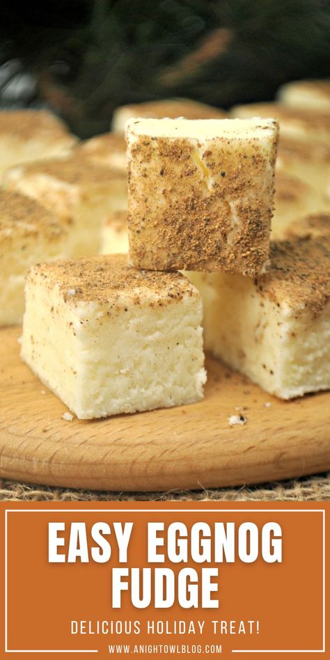 Eggnog Fudge With Condensed Milk, Egg Nog Fudge Recipe Easy, Egg Nog Desserts Easy, Eggnog Fudge Recipe, Recipes Using Eggnog, Fudge With Marshmallow Cream, Marshmallow Fluff Fudge, Fudge With Condensed Milk, Eggnog Dessert