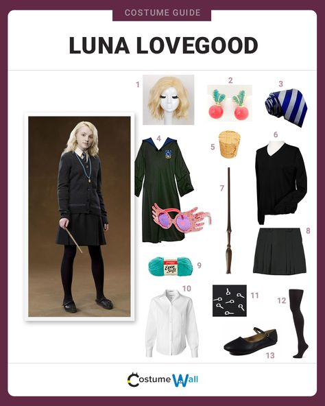 The best costume guide for dressing up like Luna Lovegood, a friend of Harry Potter and a member of Ravenclaw in the Harry Potter series. Luna Lovegood Outfits, Luna Lovegood Cosplay, Hermione Cosplay, Harry Potter Dress Up, Luna Costume, Ravenclaw Costume, Patronus Harry Potter, Luna Lovegood Costume, Harry Potter Kostüm