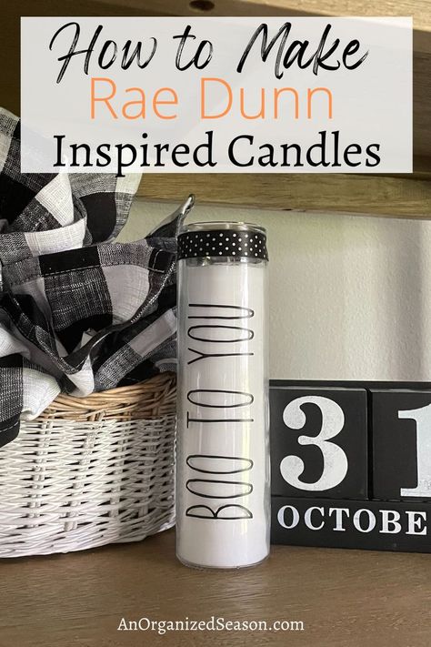 A Rae Dunn-inspired Halloween candle that says "Boo to you" sitting by a basket and wood calendar blocks! Disney Candles Diy, Dollar Tree Halloween Candles, Vinyl On Candles, Dollar Tree Candles Cricut, Dollar Tree Candles Diy, Halloween Candle Ideas, Cricut Candles, Printer Crafts, Candles For Halloween