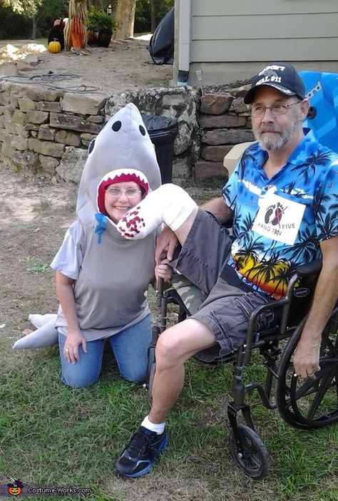 Shark Victim Costume, Gym Shark Outfit, Halloween Costumes 2014, Costumes For Couples, Couples Halloween Costume, Homemade Costume, Scary Halloween Costume, Costume Works, Homemade Costumes