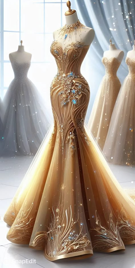 Evening dresses for women Made with AI @Copyright by អាណាចក្រសម្រស់ [[ Beauty Empire ]] 🇰🇭 Fantasy Outfit Reference, Gold Clothes, Ballroom Dress Inspiration, Luxury Kids Bedroom, Night Gown Dress, Arabic Dress, Dreamy Gowns, Bollywood Dress, Custom Prom Dress