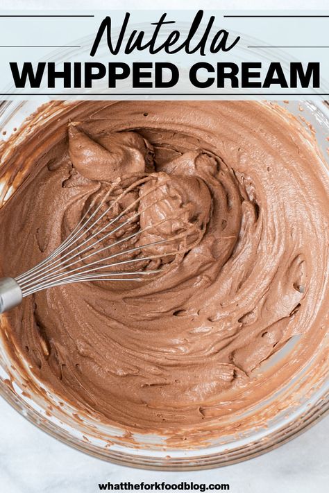 Light and creamy Nutella Whipped Cream is made with just 2 ingredients and can be made in less than 5 minutes. Homemade whipped cream pairs well with many different types of desserts, especially chocolate, vanilla, and strawberry dessert recipes. Once you try this chocolate hazelnut whipped cream recipe, you’ll never go back to the can! Be sure to pin this popular recipe from @whattheforkblog and visit whattheforkfoodblog.com for more bakery quality gluten free desserts! Hazelnut Whipped Cream, Nutella Whipped Cream, Cookie Basket, Nutella Cream, Whipped Cream Recipe, Nutella Cupcakes, Recipes With Whipping Cream, Strawberry Dessert Recipes, Strawberry Dessert