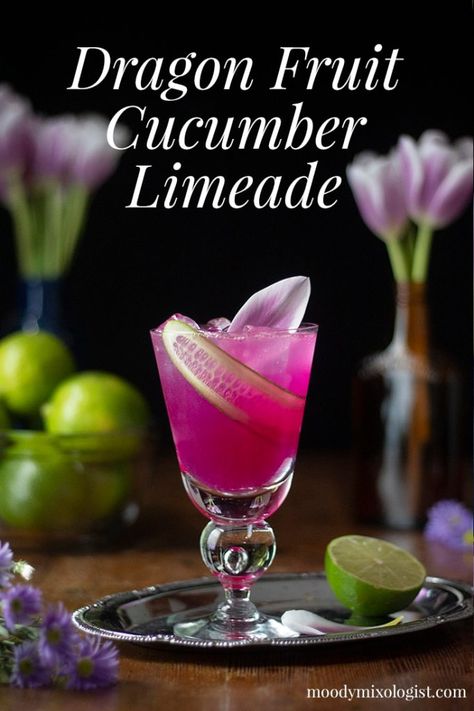 Dragon Themed Drinks, Dragonfruit Cocktail Recipe, Dragon Fruit Drinks, Witchy Cocktails, Dragonfruit Cocktail, Dnd Drinks, Wedding Mocktails, Dragon Fruit Cocktail, Cucumber Limeade