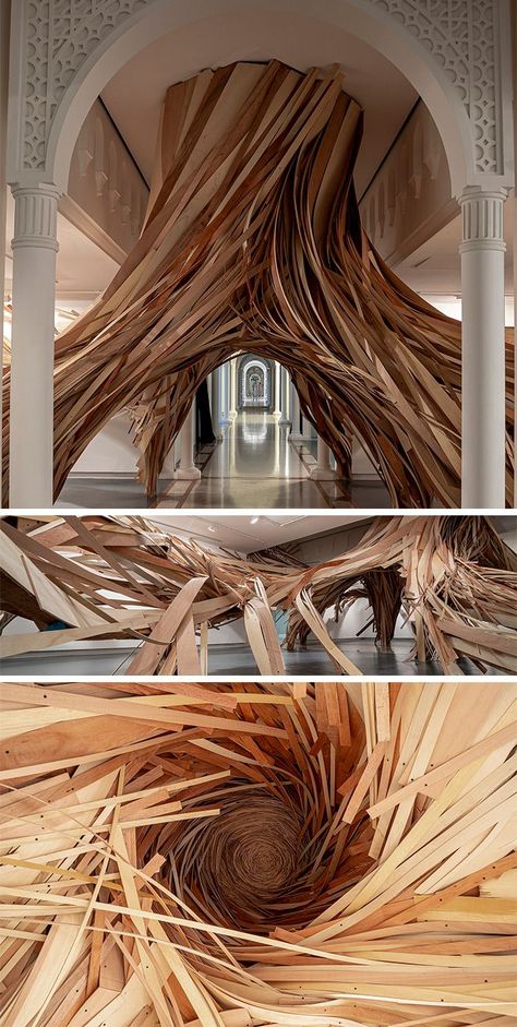 Giant Ribbons of Wood Form Twisting Root Structures in Expansive Installation Installation Architecture, Black Backsplash, Organic Architecture, Art Installation, Wooden Art, Land Art, Wood Cabinets, Nautilus, Space Design