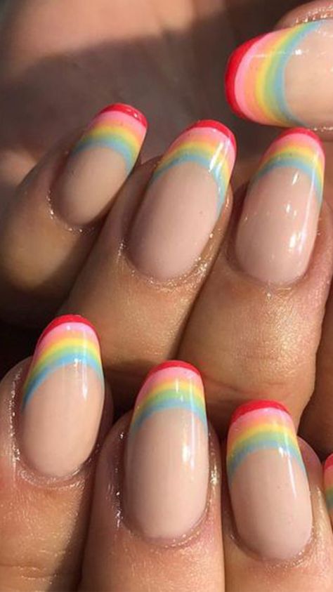 Rainbow Gel Nail Designs, Subtle Rainbow Nails, Bisexual Nail Ideas, Trans Pride Nails, Nail Designs Rainbow, Subtle Pride Nails, Gay Pride Nails, Lesbian Nails, Pride Nail Art