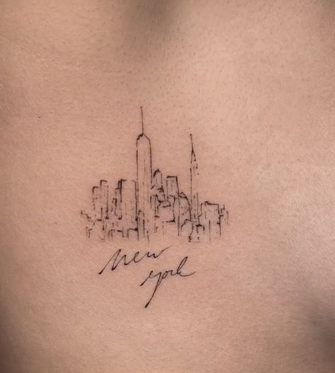 Nyc Line Tattoo, Ny Tattoo Ideas, New York Minimalist Tattoo, Small New York Tattoo, Dainty New York Tattoos, New York Fine Line Tattoo, Tiny New York Tattoo, City Outline Tattoo, Nyc Stamp Tattoo