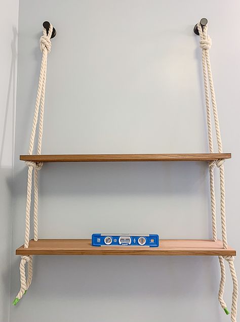 Easy DIY Hanging Rope Shelves Tutorial - List in Progress Shelves With Rope, Hanging Shelf Kitchen, Pictures On Wall, Boho Chic Bathroom, Design Closet, Hanging Wood Shelves, Diy Floating Shelves, Hanging Rope Shelves, Macrame Hanging Shelf