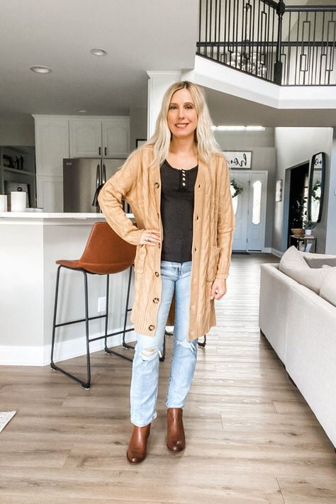 Knit Shirt Outfit, Waffle Knit Shirt, Layered Shirts, Soft Cardigan, Waffle Knit Top, Levi’s Jeans, Henley Top, Outfit Inspo Fall, Ankle Bootie