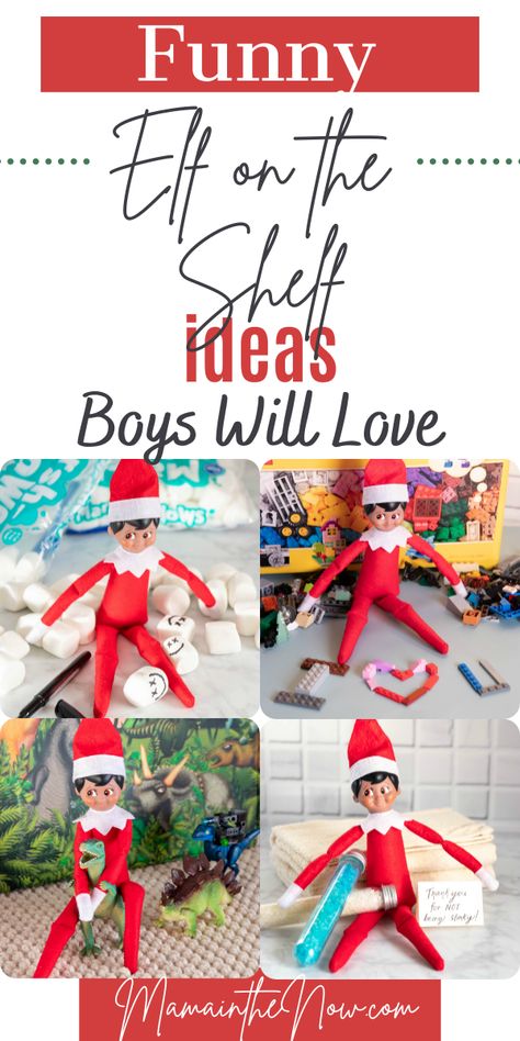 Don't do another Elf on the Shelf season without these super fun ideas for boys! These Elf on the Shelf ideas are perfect for boy moms everywhere! Even our older kids have enjoyed these Elf on the Shelf tricks and Elf on the Shelf adventures. #ElfontheShelf #BoyMom #ElfontheShelfforBoys #ElfontheShelfIdeas #MamaintheNow #Christmas Elf On The Shelf Ideas For Older Boys, Rlf On The Shelf Ideas For Kids For Boys, Boy Elf On The Shelf Ideas, Elf On The Shelf Magic Trick, Elf On The Shelf Superhero Ideas, Elf On The Shelf Ideas For Boys, Elf On The Shelf For Older Kids, Elf On The Shelf Tricks, Elf On The Shelf Ideas For Older Kids