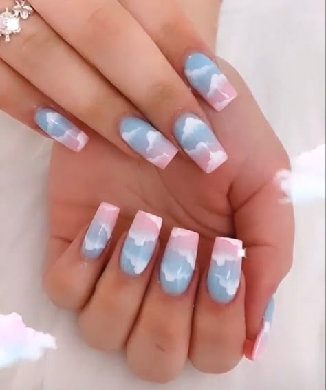 Nails With Clouds, Blue Ombré Nails, Blue Ombre Nails, Sunset Nails, Ombré Nails, Sky Nails, Formal Nails, Pink Ombre Nails, Diy Acrylic Nails