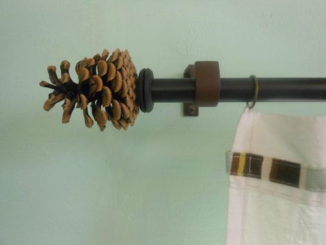 Make Your Own Curtain Rod Finials using pinecones. (What else could I use?) Curtain Rod Finials, Cabin Curtains, Curtain Finials, Wood Curtain Rods, Diy Curtain Rods, Finials For Curtain Rods, Unique Curtains, Wood Curtain, Ikea Curtains