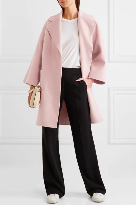 Theory Wool and Cashmere Blend Coat Pink Wool Coat Outfit, Pink Coat Outfit Winter, Pink Coat Outfit, Light Pink Coat, Winter Pant, Pink Wool Coat, Minimalistic Fashion, Winter Coat Outfits, Ladies Coat Design