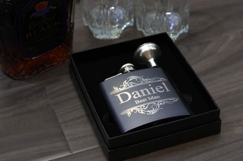 Groomsmen Gift Flask Set Personalize Engrave Box Set | Etsy Personalized Bridesmaid Hangers, Wedding Party Gifts Groomsmen, Groomsmen Gifts Flask, Groomsmen Proposal Gifts, Groomsman Proposal, Groomsmen Flask, Custom Flask, Groomsmen Gift Box, Engraved Flasks