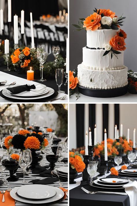 Black and White Wedding Ideas: Beautiful Black and White Wedding Color Ideas With a Pop of Orange - Francisca's Bridal Orange Wedding Color Scheme, Orange Wedding Color Palette, Black And White Wedding Ideas, Wedding Color Palette Ideas, White Wedding Ideas, Orange Wedding Bouquet, Boho Wedding Colors, Orange Wedding Themes, Wedding Color Palette Summer