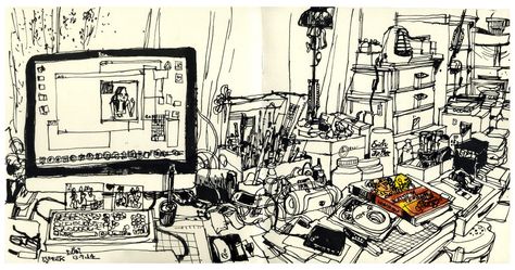 130914 my messy desk | Don Low | Flickr Artist Desk, Drawing Desk, Messy Desk, Bedroom Drawing, Messy Art, Artist Sketchbook, Background Drawing, Art Desk, Sketchbook Pages