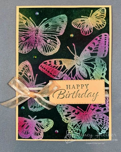 Butterfly Brilliance by Stampin' Up! shows off the 2021-2023 In Colors through the Joseph's Coat technique. #nancysniftynotes Su Butterfly Cards, Stampin Up Butterfly Brilliance Cards, Su Butterfly Brilliance, Stampin Up Butterfly Brilliance, Butterfly Brilliance Stampin Up Cards, Butterfly Brilliance, Joseph's Coat, Josephs Coat, Ink Techniques