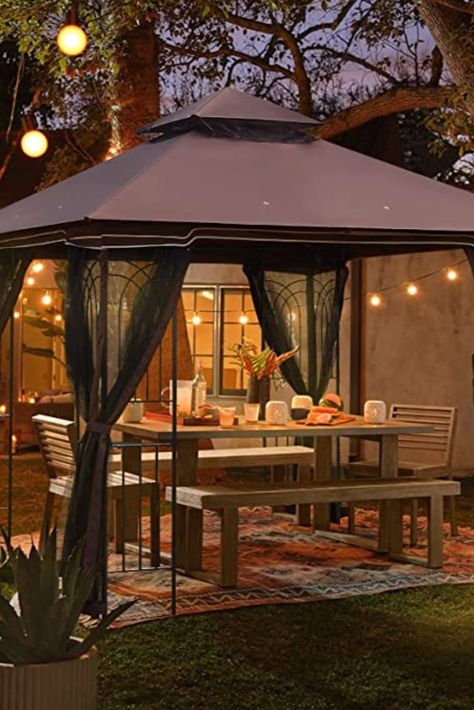 Summer is here! The Gazebo Canopy with Netting can protect you from mosquito bites and sunlight. Plus it's waterproof! #Outdoorliving #Summer #Ad Canopy Garden, Retractable Pergola Canopy, Garden Tent, Party Backyard, Louvered Pergola, Outdoor Gazebo, Retractable Pergola, Backyard Canopy, Instant Canopy