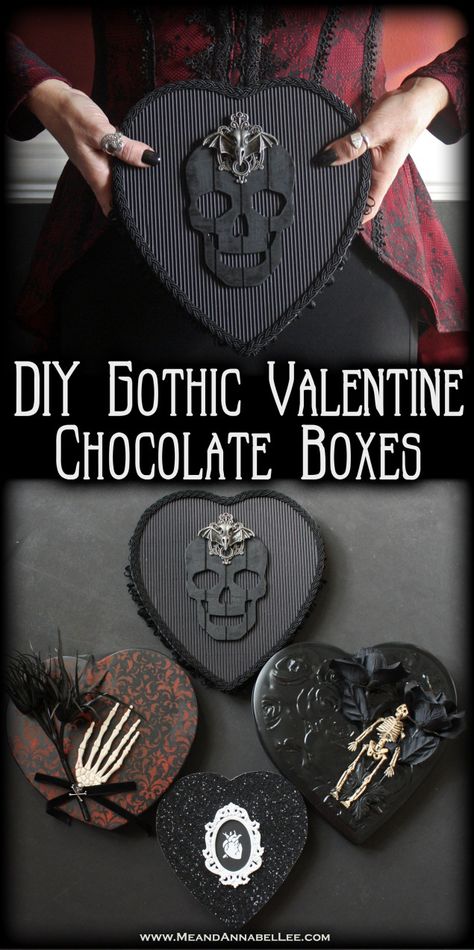 DIY Victorian and Gothic Valentine Boxes of Chocolates | Black Hearts | Black & White Anatomical Human Heart | Skeletons | Dark Romance | www.MeandAnnabelLee.com #diygifts #diy #gifts #candy Gothic Valentine, Gothic Crafts, Diy Gothic, Cheesy Valentine, Valentine Boxes, Halloween Decor Diy, Annabel Lee, Chocolate Boxes, Diy Halloween Decor