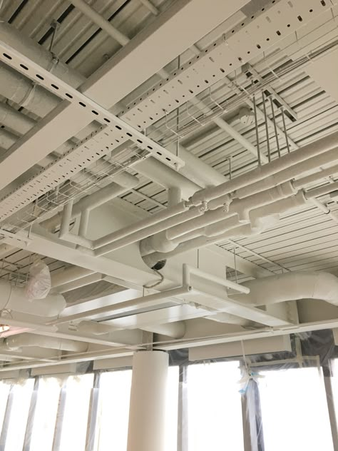 Open Industrial Ceiling, Exposed Structure Ceiling, Exposed Services Ceiling, Exposed White Ceiling, White Industrial Ceiling, Exposed Ductwork Ceiling, Industrial Ceiling Design, Exposed Ceiling Design, Open Ceiling Design