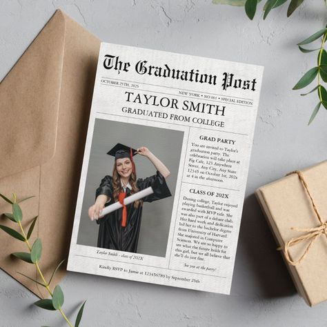 Graduation Newspaper, College Grad Party, Bachelor Party Invitations, Grad Invitations, Graduation Post, Graduation Party Invitation, Creative Invitations, Graduation Announcement, The Graduate