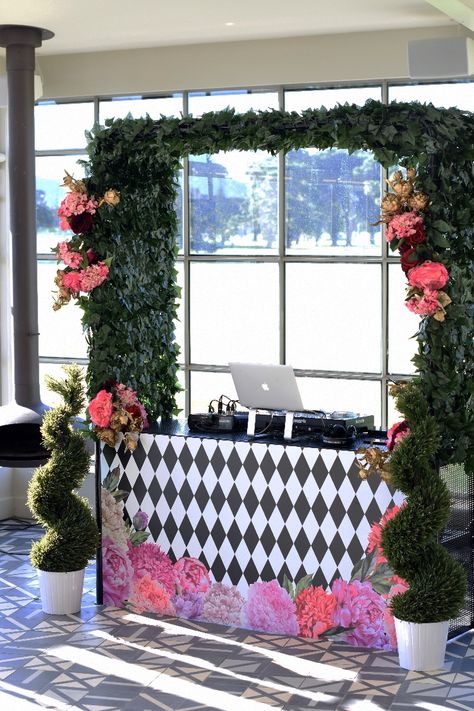 Alice inspired DJ Booth surround and styling by JAK Creative Garden Dj Booth, Dj Booth Ideas Design, Dj Booth Aesthetic, Dj Setup Aesthetic, Dj Booth Decor, Dj Stage Design Dj Booth, Dj Booth Ideas, Dj Booth Design, Wedding Dj Booth