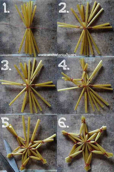 Straw star ornaments are easy to make at home. All you need for these natural Christmas ornaments is straw and a piece of thread. How To Make Straw Ornaments, Scandinavian Straw Ornaments Diy, Straw Christmas Tree Ornaments, Diy Christmas Star Decorations, Straw Stars Diy Christmas Decorations, Christmas Tree Star Diy, Nature Crafts For Adults Diy, Christmas Nature Crafts, Straw Christmas Tree