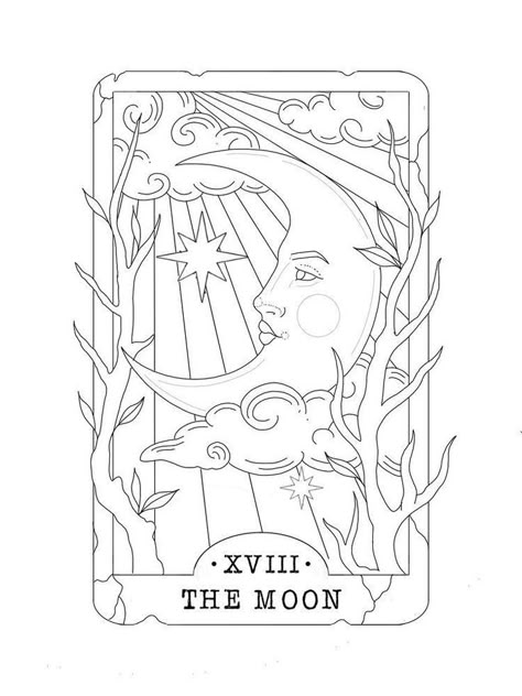 La Luna Tarot Card Tattoo, Tarot Card Tattoo Design Simple, The Moon Tarot Card Drawing, Tarot Colouring Pages, The Moon Tattoo Tarot, Tarot Card Outline, Tarot Cards Tattoo Ideas, Easy Tarot Card Drawing, Tarot Cards Drawing