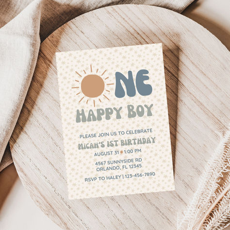 Celebrate your One Happy Boy's 1st birthday in style! This 1st birthday invite for boys is perfect for celebrating a first birthday. Customizable with your child's name and party details, you will receive access to editable templates on Canva for an invitation. This boy birthday invitation is the cutest way to invite family and friends to celebrate one happy boy! One Happy Boy First Birthday, Sun First Birthday, 1st Birthday Invitations Boy, Bday Themes, Invitation 1st Birthday, One Happy Dude, 1st Birthday Invite, 1 Year Birthday, Baby Boy First Birthday