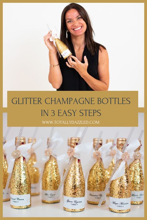 DIY Wedding Project! It's so quick, easy and fun to make these diy bling bottles! And bonus- they can double as seating cards or mini champagne wedding favors! Click to check out the tutorial video. Wedding Favors Champagne Mini Bottles, Mini Champagne Wedding Favors, Decorating Champagne Bottles, Champagne Centerpiece Ideas, Champagne Centerpieces, Glitter Champagne Bottle, Small Champagne Bottles, Champagne Centerpiece, Champagne Wedding Favors