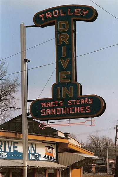 Trolley Drive In...11400 E Truman Road, Independence, MO Kc Skyline, Drive In Sign Vintage, Roosevelt Island Tram, Roosevelt Tram Nyc, Independence Missouri, Monon Railroad Indiana, Old Neon Signs, Independence Mo, Drive In Movie Theater