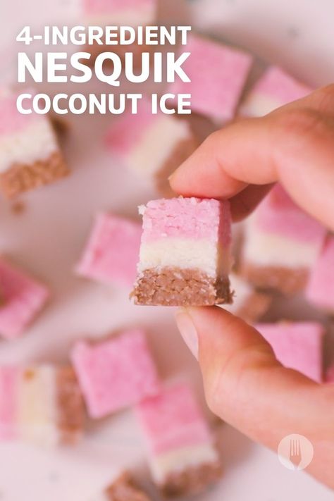 Looking for some sweet treat inspiration? Watch this video 👆🏽 to learn how to make these Nesquik coconut ice treats, which ONLY contain 4 ingredients. Coconut ice is as delicious and it is ICONIC and we have given it a fun spin by layering the nostalgic neapolitan flavours; strawberry, chocolate and vanilla – YUM 🤩🤤 Coconut Fudge Recipe, Coconut Ice Recipe, Foodies Of Sa, African Homes, Florentine Cookies, Easy Candy Recipes, Coconut Candy, Coconut Ice, Homemade Sweets