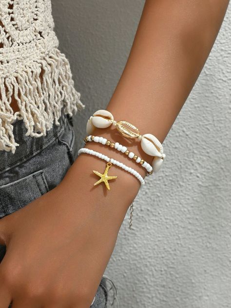 3 piezas Brazalete multicapa bohemio de estilo playa de vacaciones con perla aleatoria, concha, colgante de estrella de mar de metal dorado para mujeres Amarillo Oro    Conchas     Women Fashion Jewelry, size features are:Bust: ,Length: ,Sleeve Length: Collar Conchas, Stella Marina, Bracelet Sets, Starfish Pendant, Bohemian Beach, Women Bracelet, Square Bead, Holiday Style, Layered Bracelets