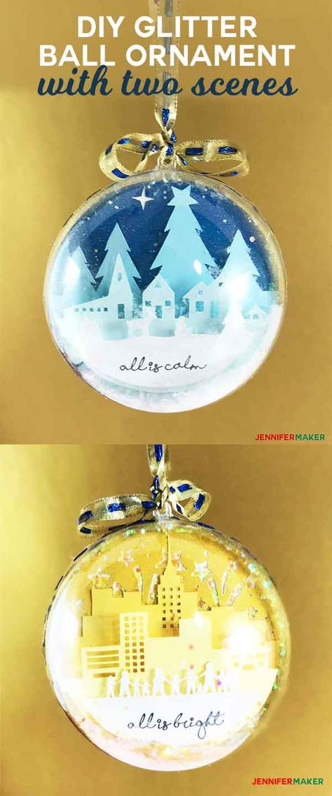 DIY Glitter Ball Ornament, Two Sides, Two Scenes | Silent Night | All is Calm, All is Bright | Christmas Ornament | Free SVG Cut Files Cricut Ornaments, Clear Plastic Ornaments, All Is Bright, All Is Calm, Glitter Ball, Glitter Bottle, Clear Ornaments, Diy Glitter, Glitter Decor