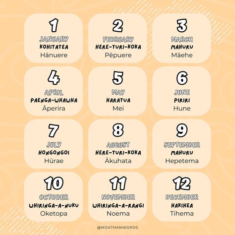 🗓️ Here’s a quick guide for learning the months of the year in te Reo Māori! 👈🏽 Swipe across and you’ll notice there are two sets of Māori kupu there - the loan word as well as the most commonly used Māori name for each month! Knowing both is handy for being able to navigate any conversation - but we personally use the loan words since the Māori calendar doesn’t actually align with the Roman one. 📖 We read all about this in an interesting blog post by @tuhistationery who make reo Māori pl... Learning Te Reo Maori, Months Of The Year, Quick Guide, Months In A Year, Blog Post, The Year, Blog Posts, Quick Saves