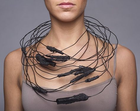 a one-of-a-kind sculptural neckpiece that is composed of thirteen individual hand formed steel wire necklaces with black vine charcoal and graphite beads and plastic dip Contemporary Art Jewelry, Sculptural Jewelry, Contemporary Necklace, Body Adornment, Art Jewelry Contemporary, Unusual Jewelry, Textile Jewelry, Neck Piece, Ux Ui