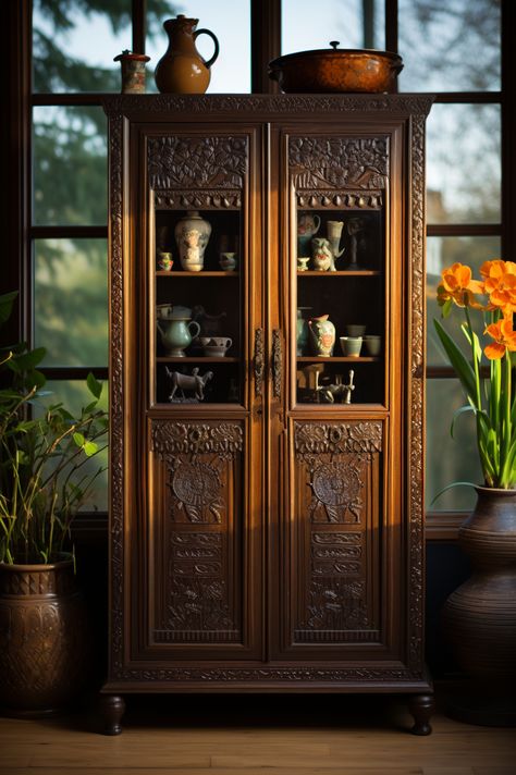 A wooden cupboard with carved details and a natural finish, filled with books, dishes, jars, and baskets. #cupboard #wooden #carved #cozy #charming #furniture #homedesign #homedecor #decoration Spider Society, Wooden Cupboard Design, Cnc Router Projects, Wall Cupboards, Wooden Closet, Wooden Cupboard, Router Projects, Closet Decor, Cupboard Design