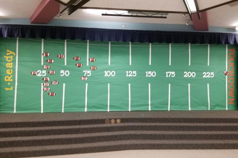 Stephanie Beach, a teacher in California, shares, "Our school holds several schoolwide competitions throughout the year to motivate students to stay focused and pass their #iReady lessons. For the month of October, we are holding an i-Ready competition. Each class has a football on a large football field board. The class football moves ahead for every lesson passed in reading. Our Intervention teacher updates the board twice a week. Class Competition Bulletin Board, Iready Math Competition, Iready Reading Bulletin Board, Wildly Important Goals Scoreboard Ideas, Iready Lessons Passed Bulletin Board, School Competition Ideas, Iready Goal Bulletin Board, Iready Tracker Bulletin Board, Iready Incentives