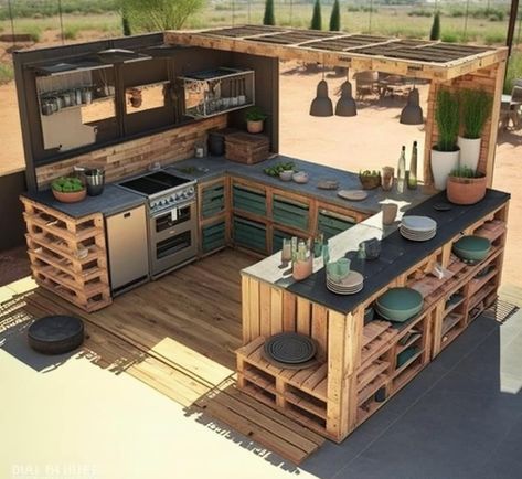 Rustic Outdoor Kitchens, Pallet Kitchen, Homes Ideas, Outdoor Kitchen Plans, Build Outdoor Kitchen, Diy Pallet Furniture Outdoor, Backyard Kitchen, Outdoor Kitchen Patio, Casa Container