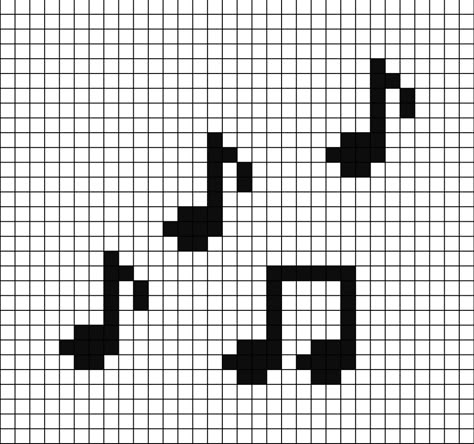 A pixel art template the quaver musical notes (3 single and one double), in black and white. Music Note Crochet Pattern, Cross Stitch Music Notes Patterns, Music Notes Pixel Art, Pixel Art Music Note, Cross Stitch Music Notes, Music Note Perler Beads, Pixel Art Pattern Black And White, Cool Pixel Art Grid, Guitar Pixel Art