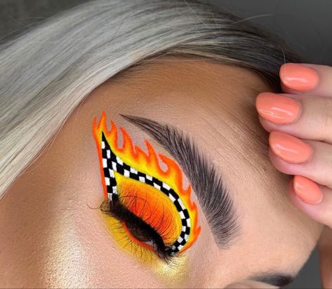 Lighting Mcqueen Makeup, Lightning Mcqueen Makeup Look, Race Car Makeup, Checkerboard Makeup, Flame Graphic Liner, Ghost Eyeshadow Look, Lightning Mcqueen Makeup, Fire Eyeliner Eye Makeup, Orange Graphic Liner Makeup