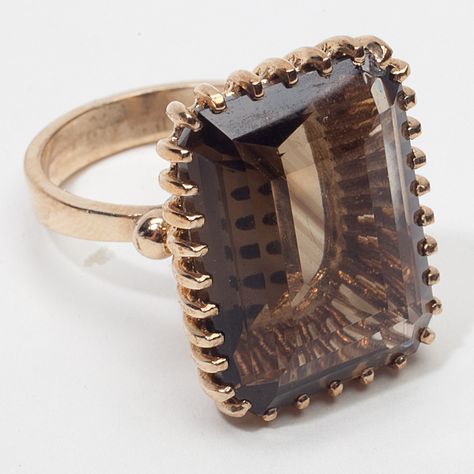 I have a 12 carat emerald cut Smokey Topaz ring very similar, but I love the setting of this one. Big Stone Rings, Smokey Topaz Ring, Topaz Rings, Big Stone Ring, Smokey Topaz, Costume Rings, Gold Topaz, Funky Jewelry, Topaz Ring