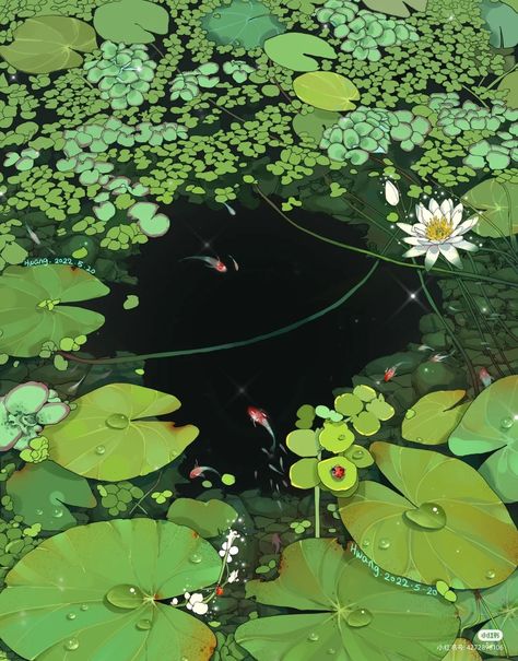 Anime Winter, Ghibli Art, A Pond, Green Art, Environment Concept Art, Anime Scenery Wallpaper, Environmental Art, Water Lilies, Scenery Wallpaper