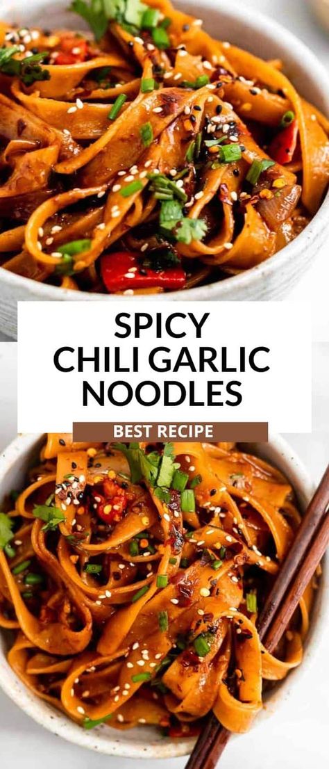 These spicy chili garlic noodles are ready in 15 minutes, easy to make and vegan. Serve these spicy noodles with veggies, tofu, salmon, chicken or shrimp. This stir fry noodle recipe is healthy and so easy to make. Spicy Chili Garlic Noodles, Chili Garlic Noodles, Asian Noodle Recipes, Noodle Recipes Easy, Garlic Noodles, Asian Inspired Dishes, 15 Minute Meals, Spicy Chili, Face Wrinkles